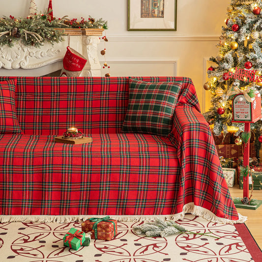 Christmas Plaid Sofa Cover with Tassels – Festive & Cozy Couch Protector for Living Room